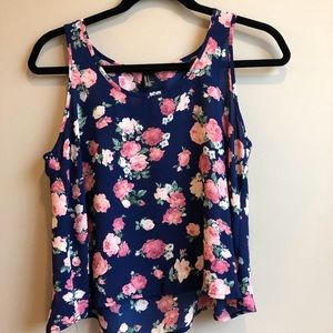 Navy blue and pink floral cutout top